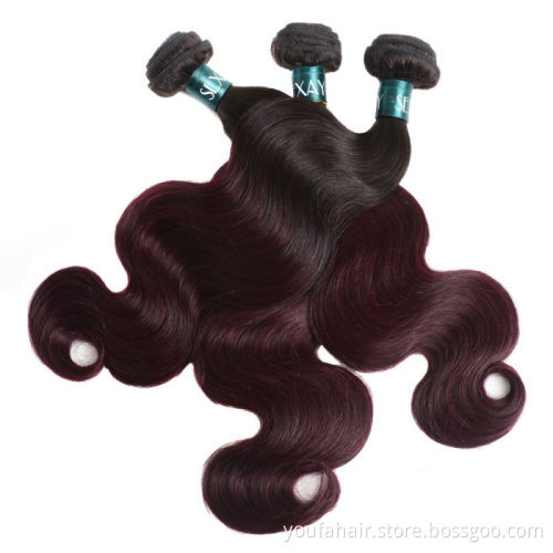 Free Sample Brazilian Virgin Human Hair Ombre Color 1b/99j# Hair Bundles Body Wave Cuticle Aligned Raw Hair Weaves Extensions